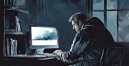 暗い部屋で深刻そうにＰＣ操作をする男