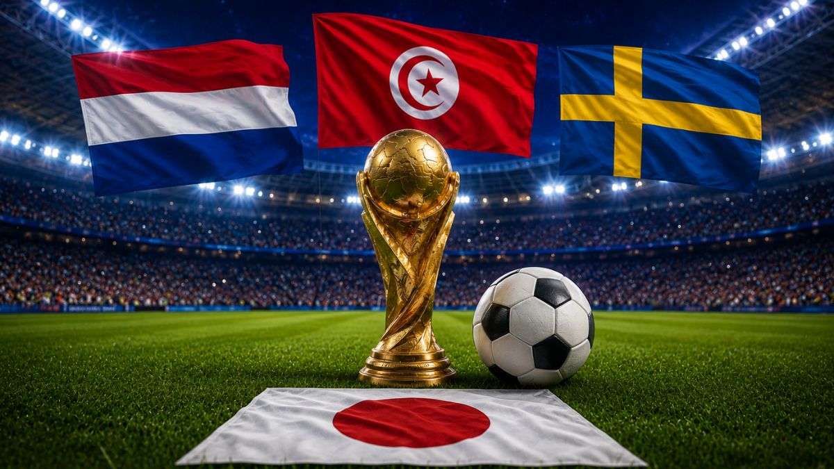 2026年FIFAワールドカップの日本対戦国の国旗とサッカーボール