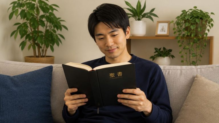 自宅で聖書を読んでいる男性
