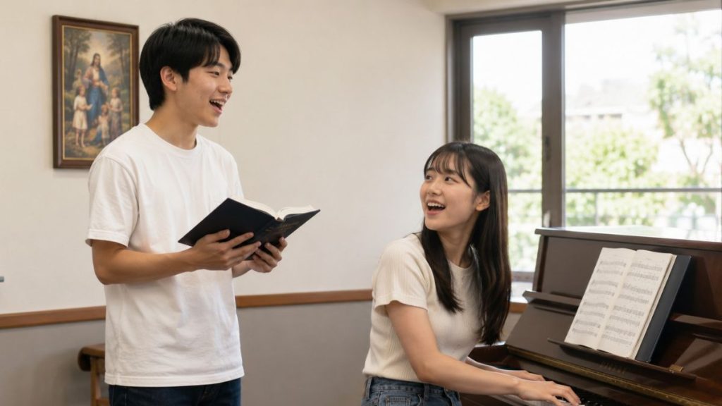 教会の教室で青少年が賛美歌を歌う