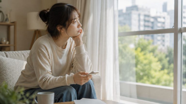 順調そうなのになぜか心が空っぽな感じで窓から外を見つめる女性