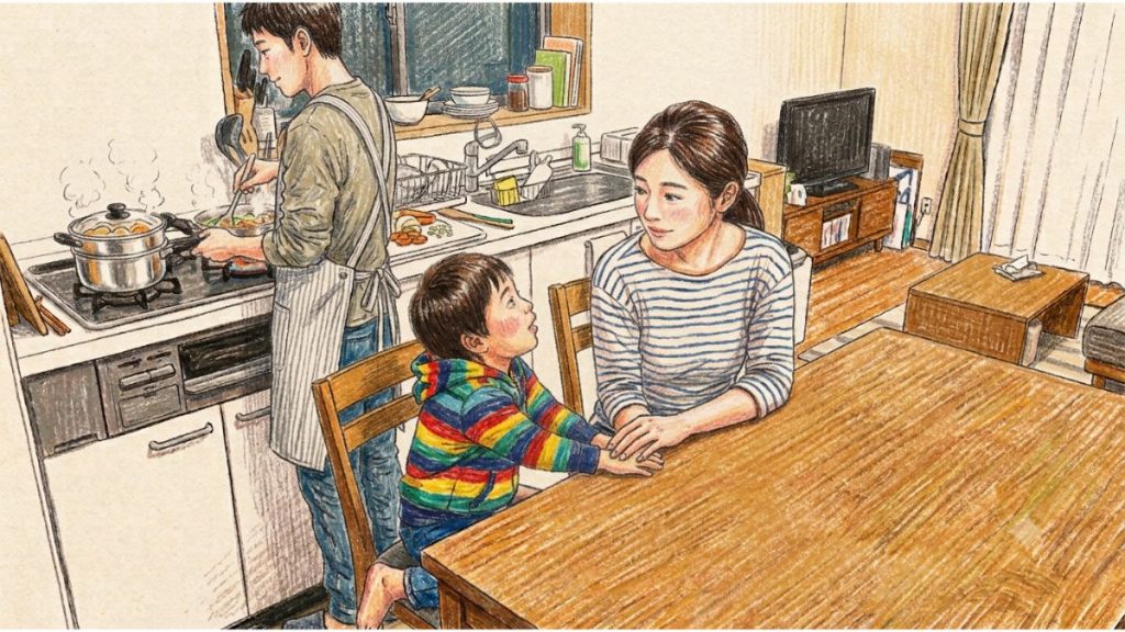 ダイニングテーブルで母親が子供と向き合い、父親が夕飯の用意をする分担が家庭を救うう