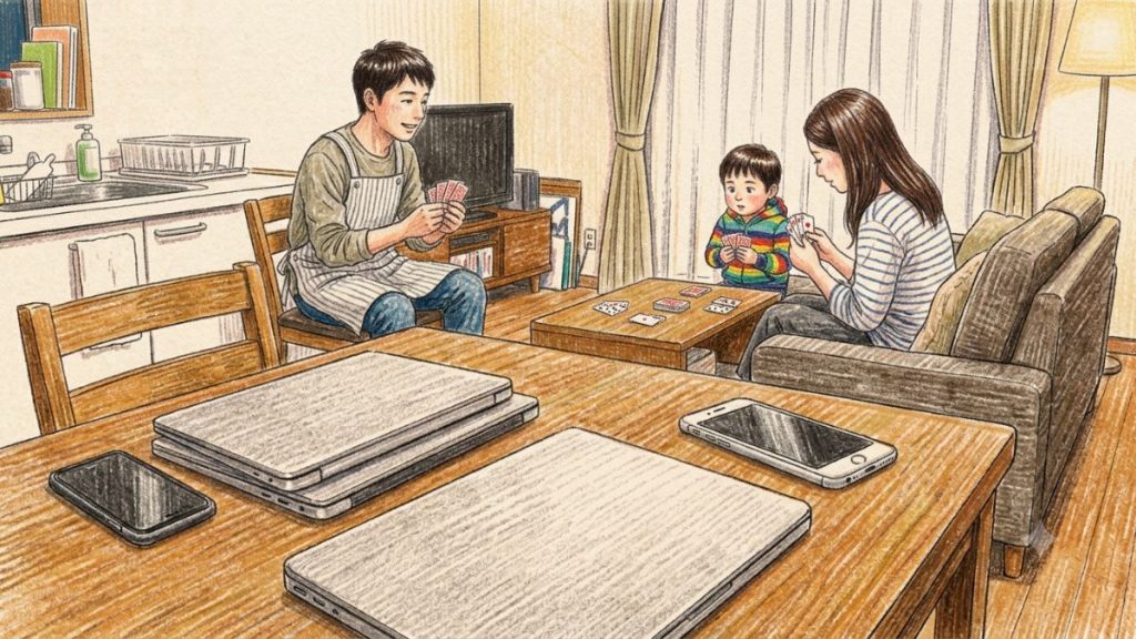 電子機器を置き、家事から離れて家族の時間を設けている家族