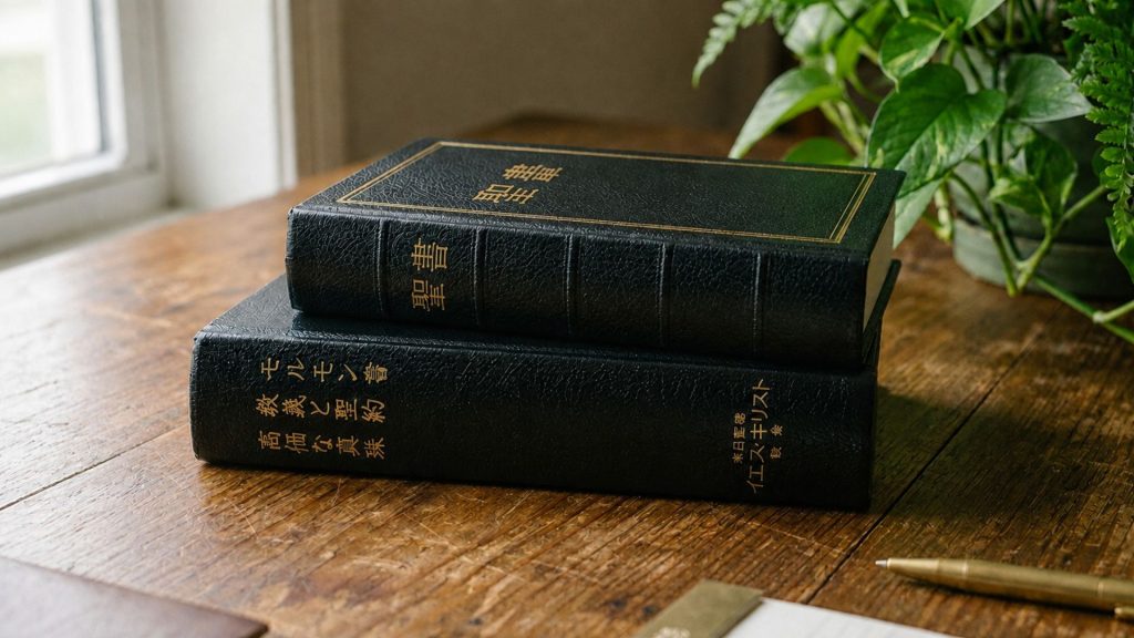 末日聖徒が使用する聖典の上に聖書が置かれている。どちらも大切な神様の言葉が書かれてある神聖な書物だと信じている。