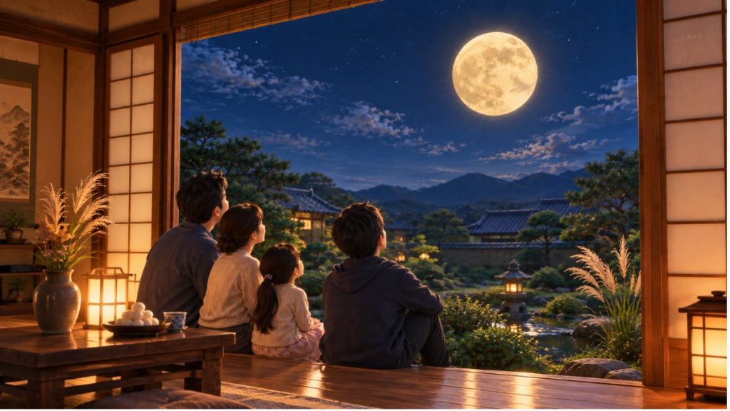 縁側に座って家族でお月見をする。